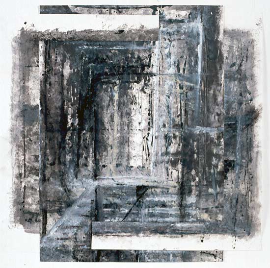 acrylic painting on paper with multiple views of interiors and exteriors abstract expressionism collage inspired by the break out of the iraq war