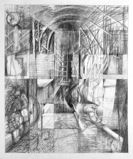 graphite drawing on paper with multiple views of windows interiors and exteriors maps and trees inspired by the break out of the iraq war