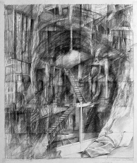 graphite drawing on paper with multiple views of windows interiors and exteriors maps and trees inspired by the break out of the iraq war