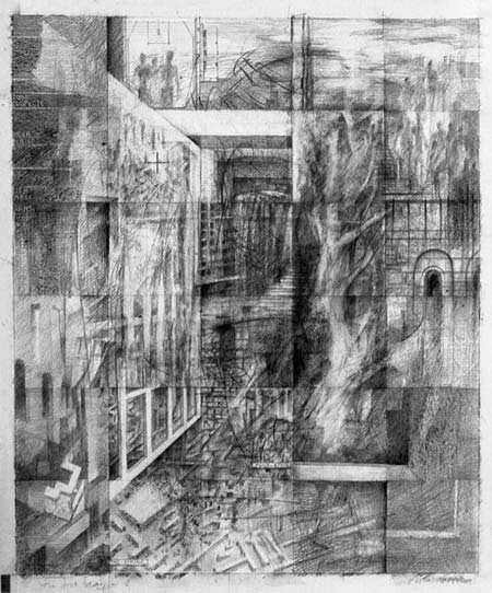 graphite drawing on paper with multiple views of windows interiors and exteriors maps and trees inspired by the break out of the iraq war
