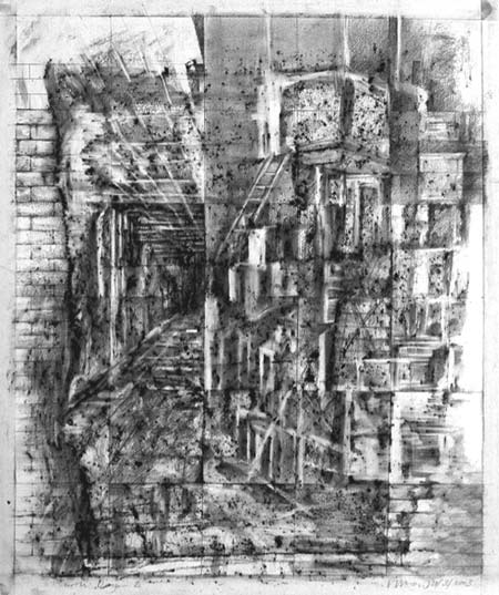 graphite drawing on paper with multiple views of windows interiors and exteriors maps and trees inspired by the break out of the iraq war