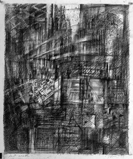 graphite drawing on paper with multiple views of windows interiors and exteriors maps and trees inspired by the break out of the iraq war