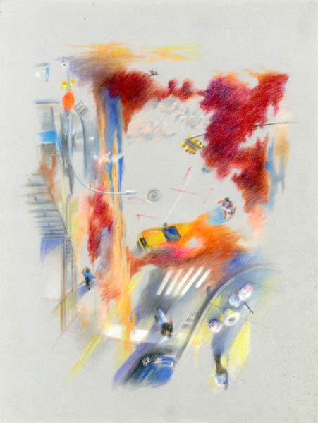 pastel drawing on velvet of composite street scene from above