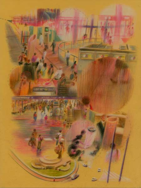 pastel drawing on velvet of composite train station Roma termini scene from above