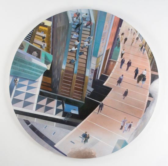 round painting of simultaneous views of the Time Warner mall in manhattan
